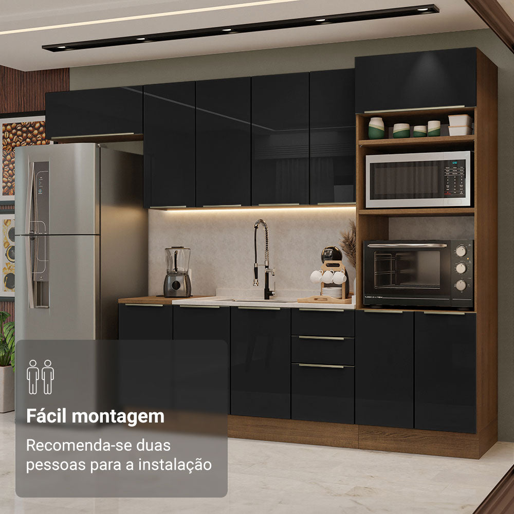 Armário de Cozinha Completa 310cm Rustic/Preto Lux Madesa 01