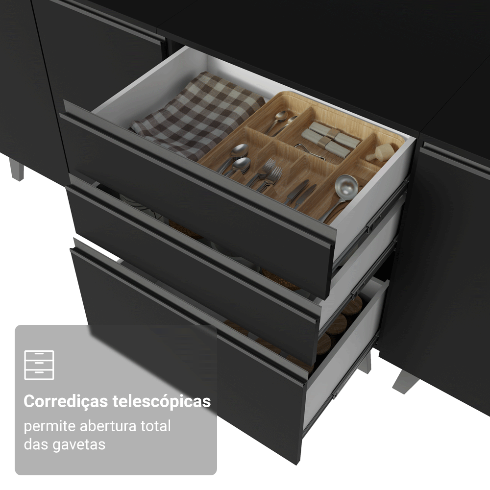 Armário de Cozinha Completa 300 cm Preto Nice Madesa 05