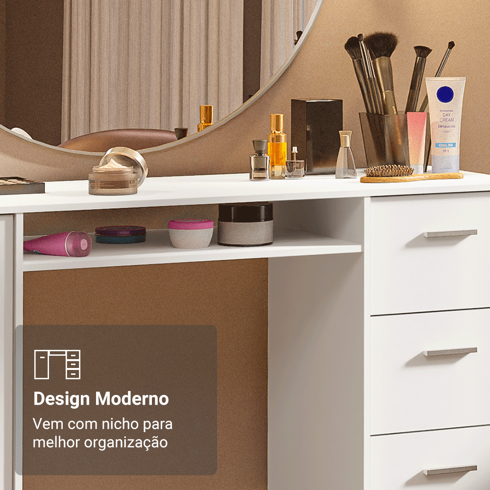 Escrivaninha Penteadeira 136cm 1 Porta 3 Gavetas Branco Madesa