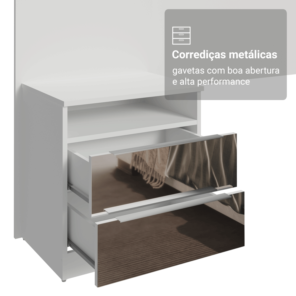 Cabeceira Extensível Estofada com 2 Mesas de Cabeceira Espelhadas Branco/Imperial Madesa