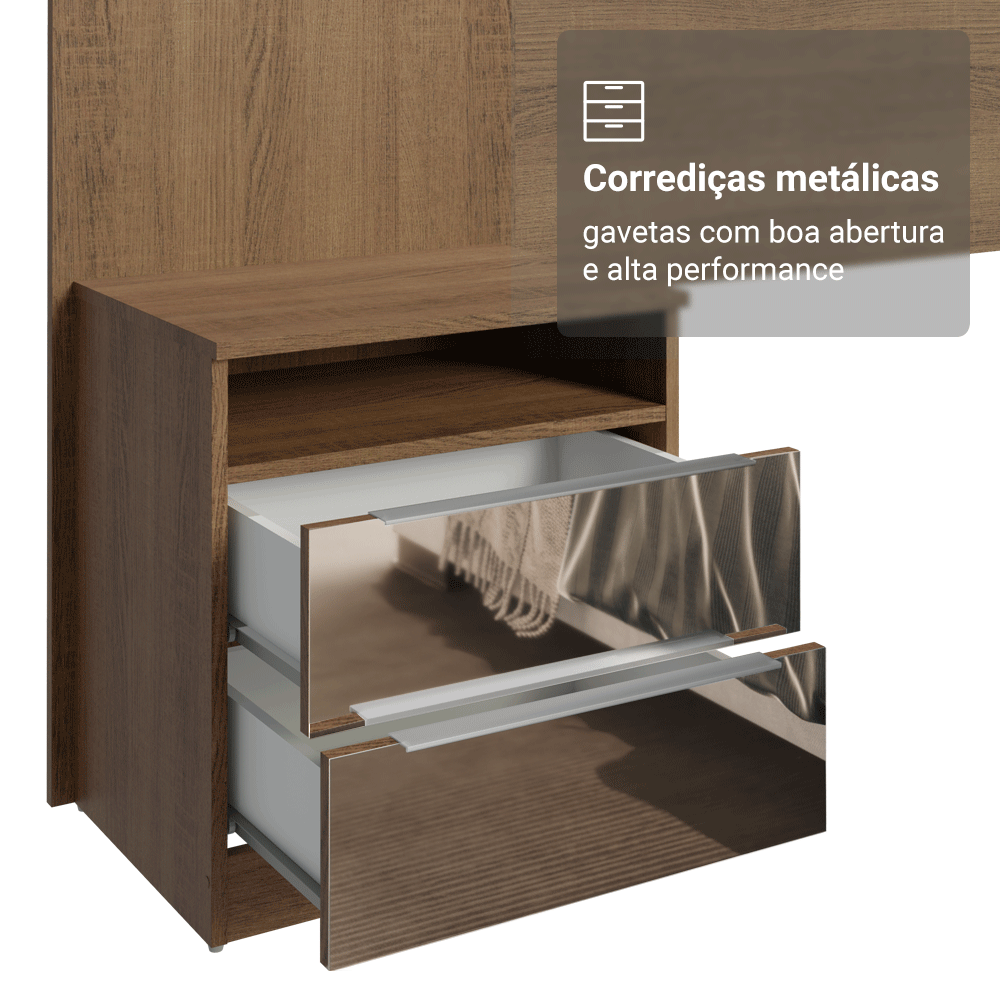 Cabeceira Extensível Estofada com 2 Mesas de Cabeceira Espelhadas Rustic/Imperial Madesa