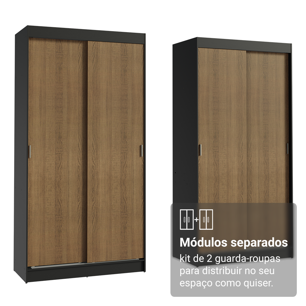 Conjunto 2 Guarda-Roupas 4 Portas de Correr Preto/Rustic Tokio Madesa