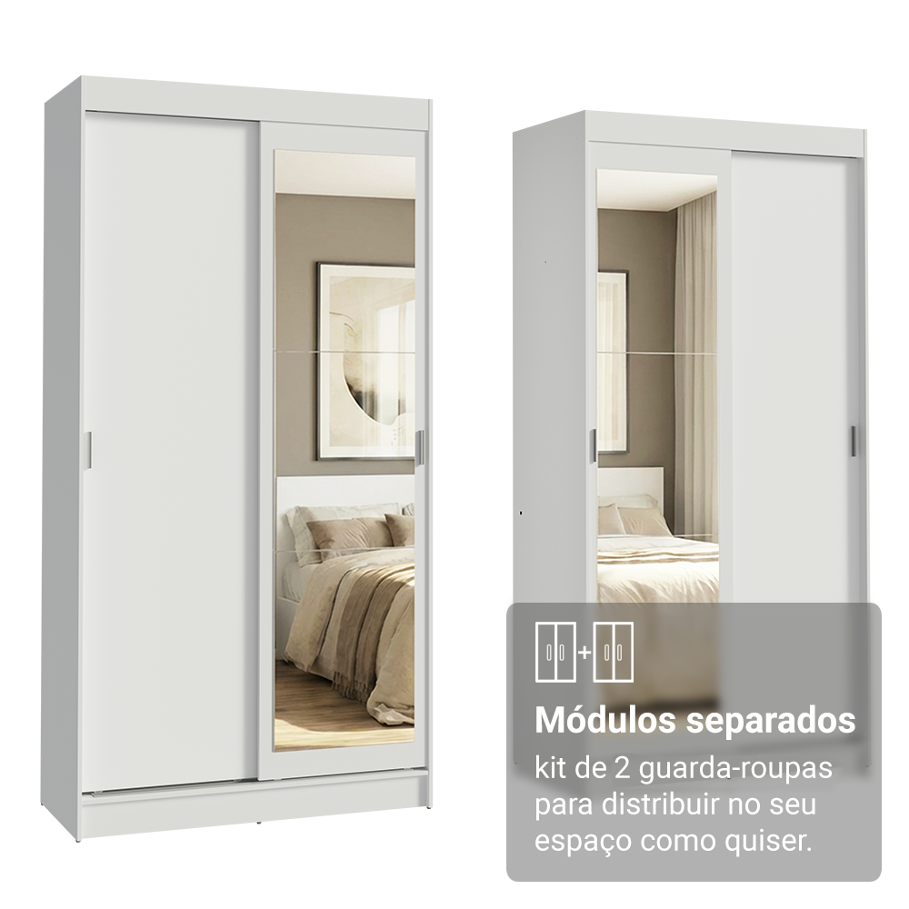 Conjunto 2 Guarda-Roupas 4 Portas de Correr com 2 Espelhos Branco Tokio Madesa