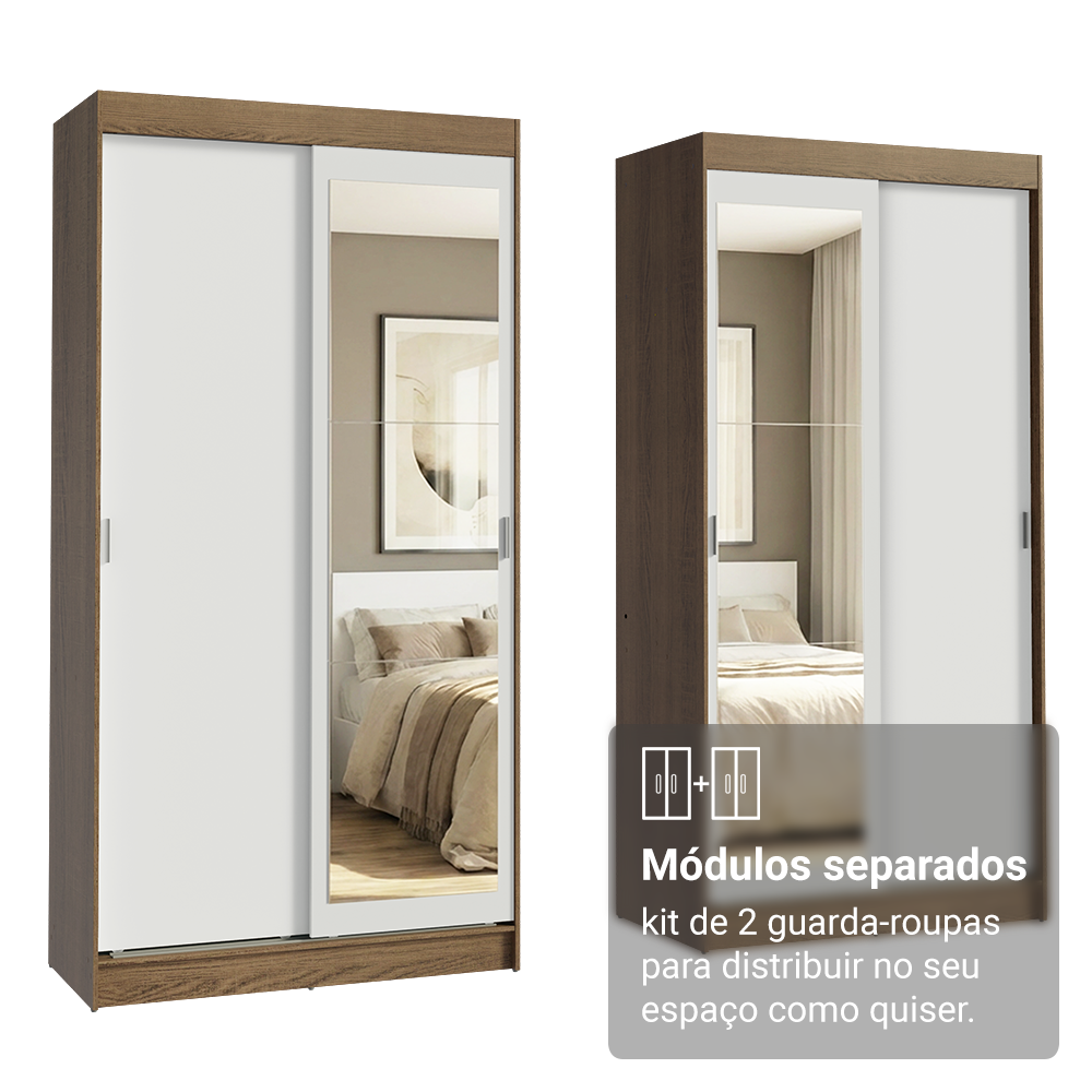 Conjunto 2 Guarda-Roupas 4 Portas de Correr com 2 Espelhos Rustic/Branco Tokio Madesa