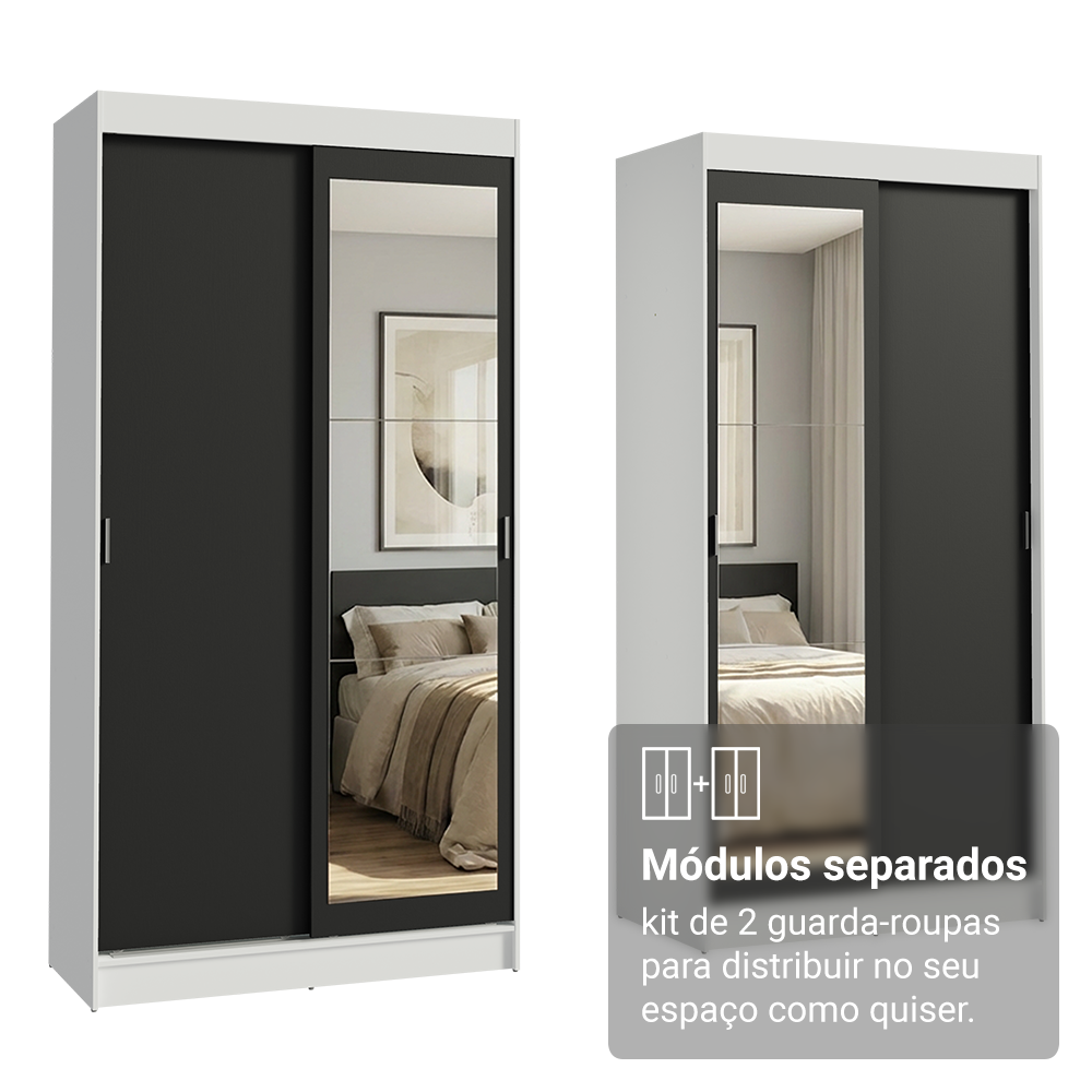Conjunto 2 Guarda-Roupas 4 Portas de Correr com 2 Espelhos Branco/Preto Tokio Madesa
