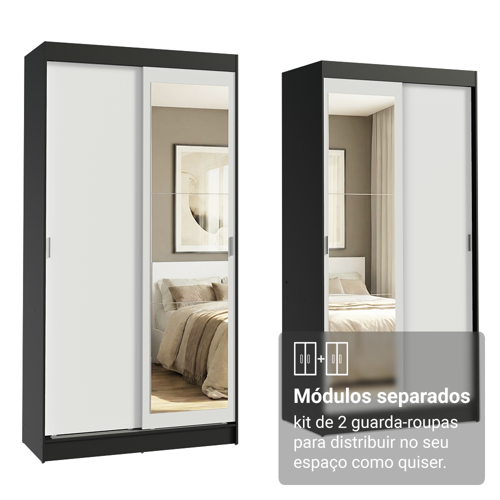Conjunto 2 Guarda-Roupas 4 Portas de Correr com 2 Espelhos Preto/Branco Tokio Madesa