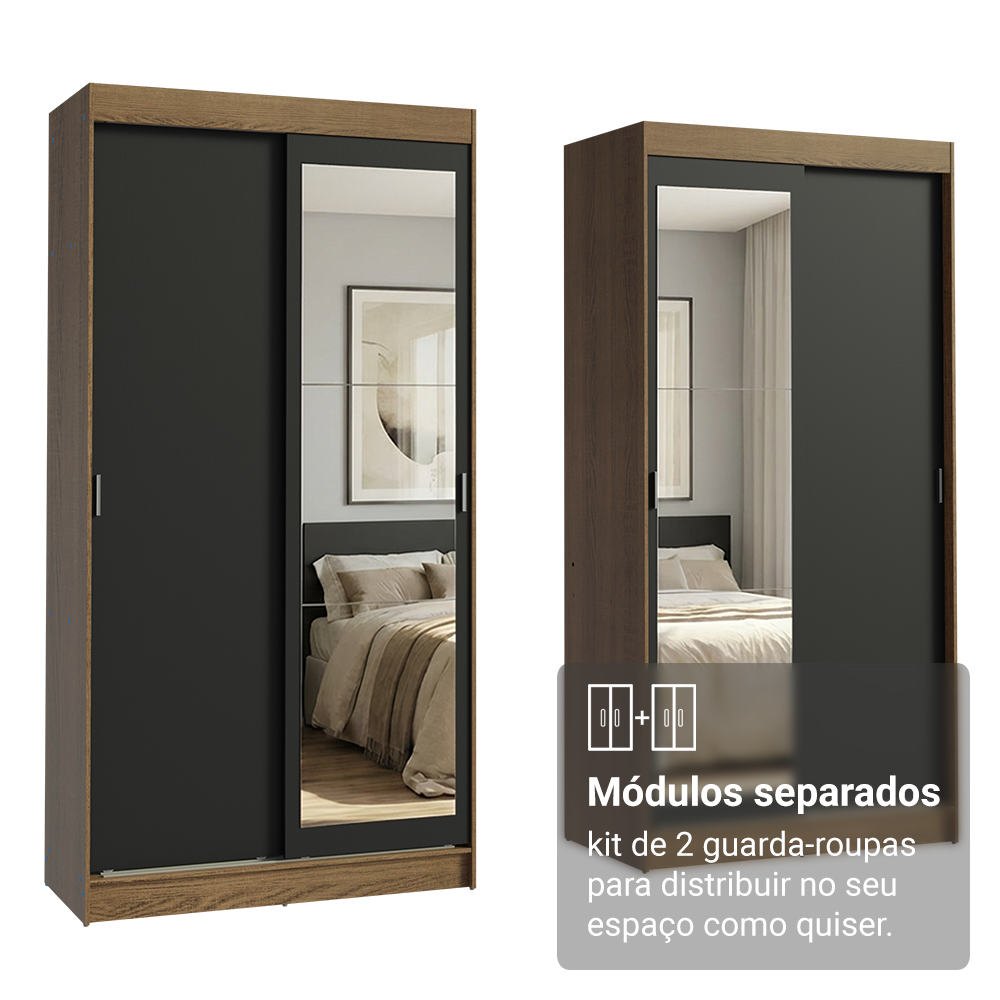 Conjunto 2 Guarda-Roupas 4 Portas de Correr com 2 Espelhos Rustic/Preto Tokio Madesa