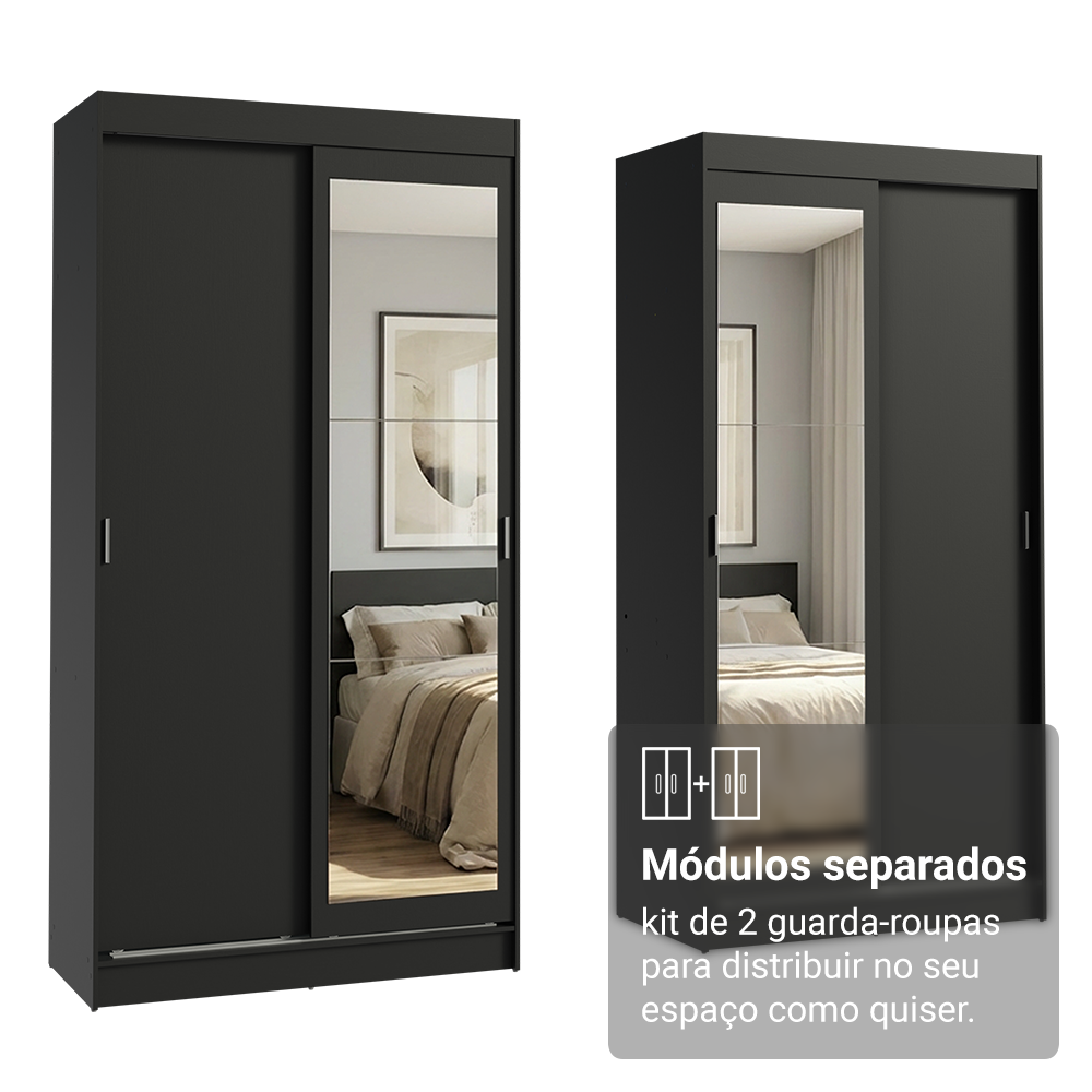 Conjunto 2 Guarda-Roupas 4 Portas de Correr com 2 Espelhos Preto Tokio Madesa