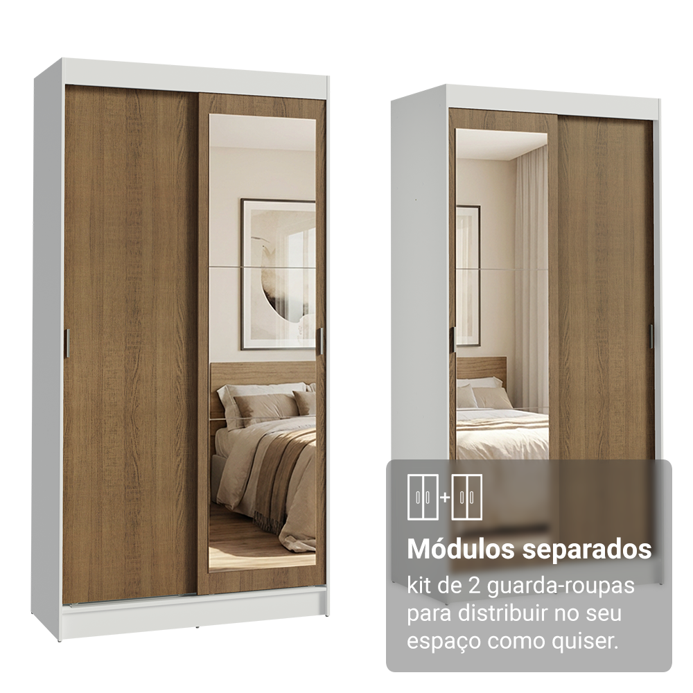 Conjunto 2 Guarda-Roupas 4 Portas de Correr com 2 Espelhos Branco/Rustic Tokio Madesa