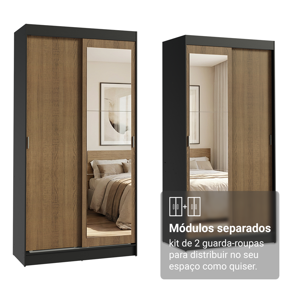 Conjunto 2 Guarda-Roupas 4 Portas de Correr com 2 Espelhos Preto/Rustic Tokio Madesa