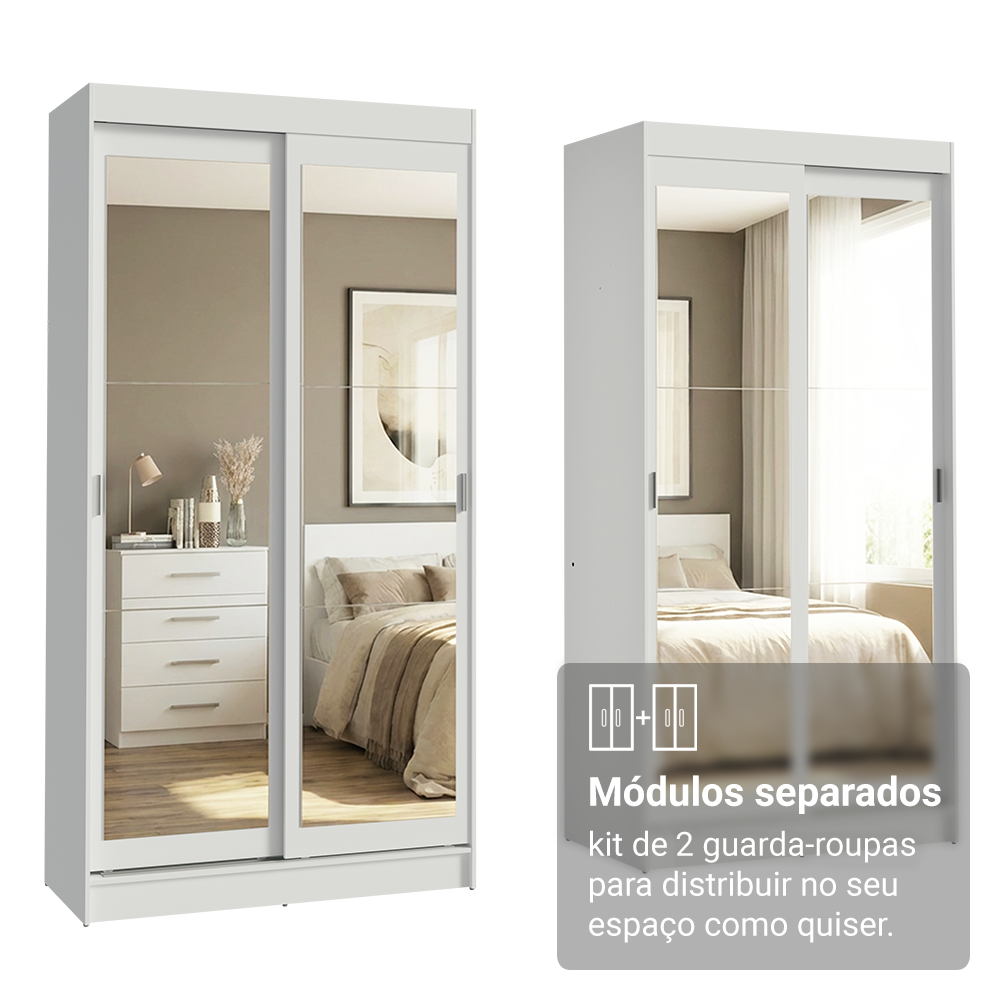 Conjunto 2 Guarda-Roupas 4 Portas de Correr com 4 Espelhos Branco Tokio Madesa