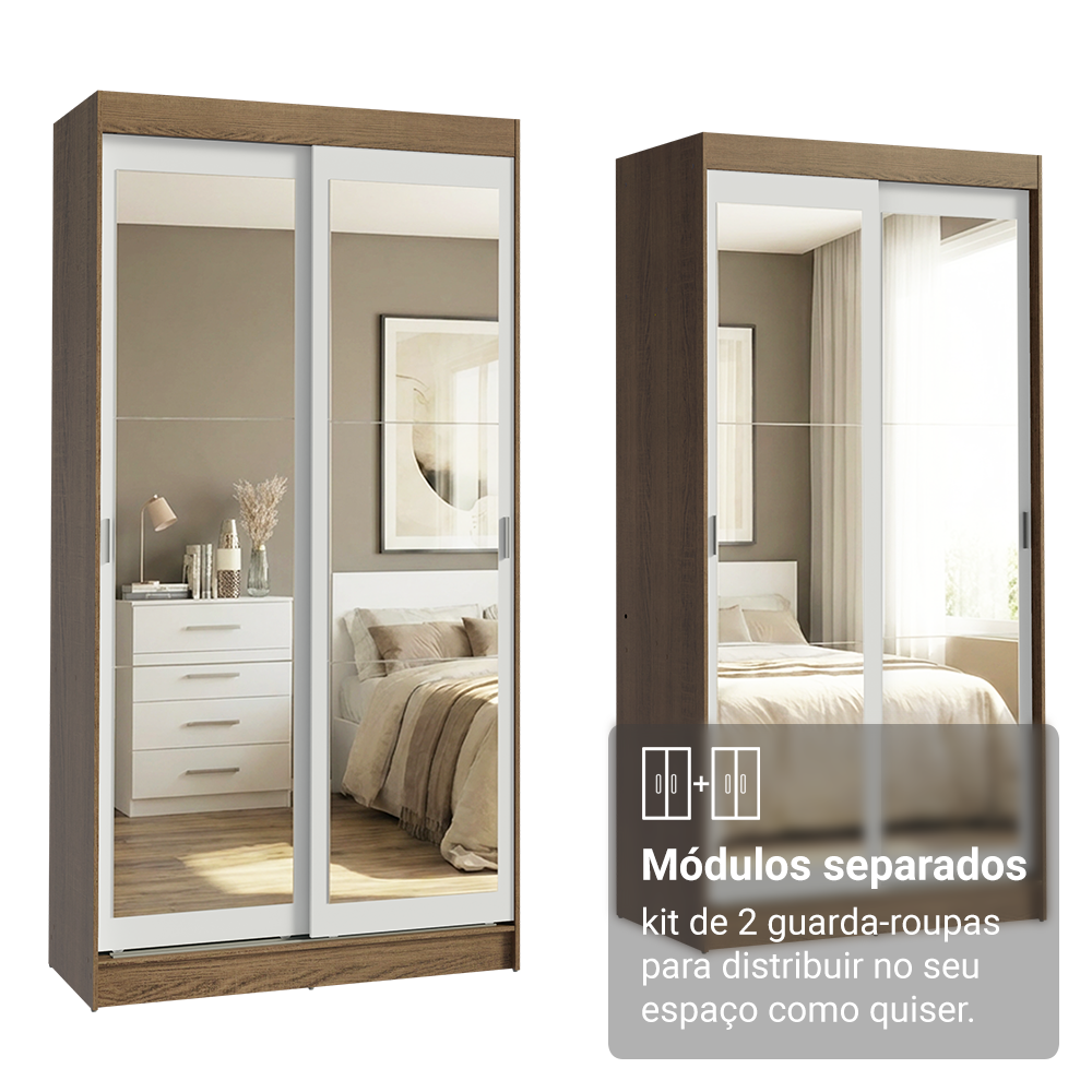 Conjunto 2 Guarda-Roupas 4 Portas de Correr com 4 Espelhos Rustic/Branco Tokio Madesa