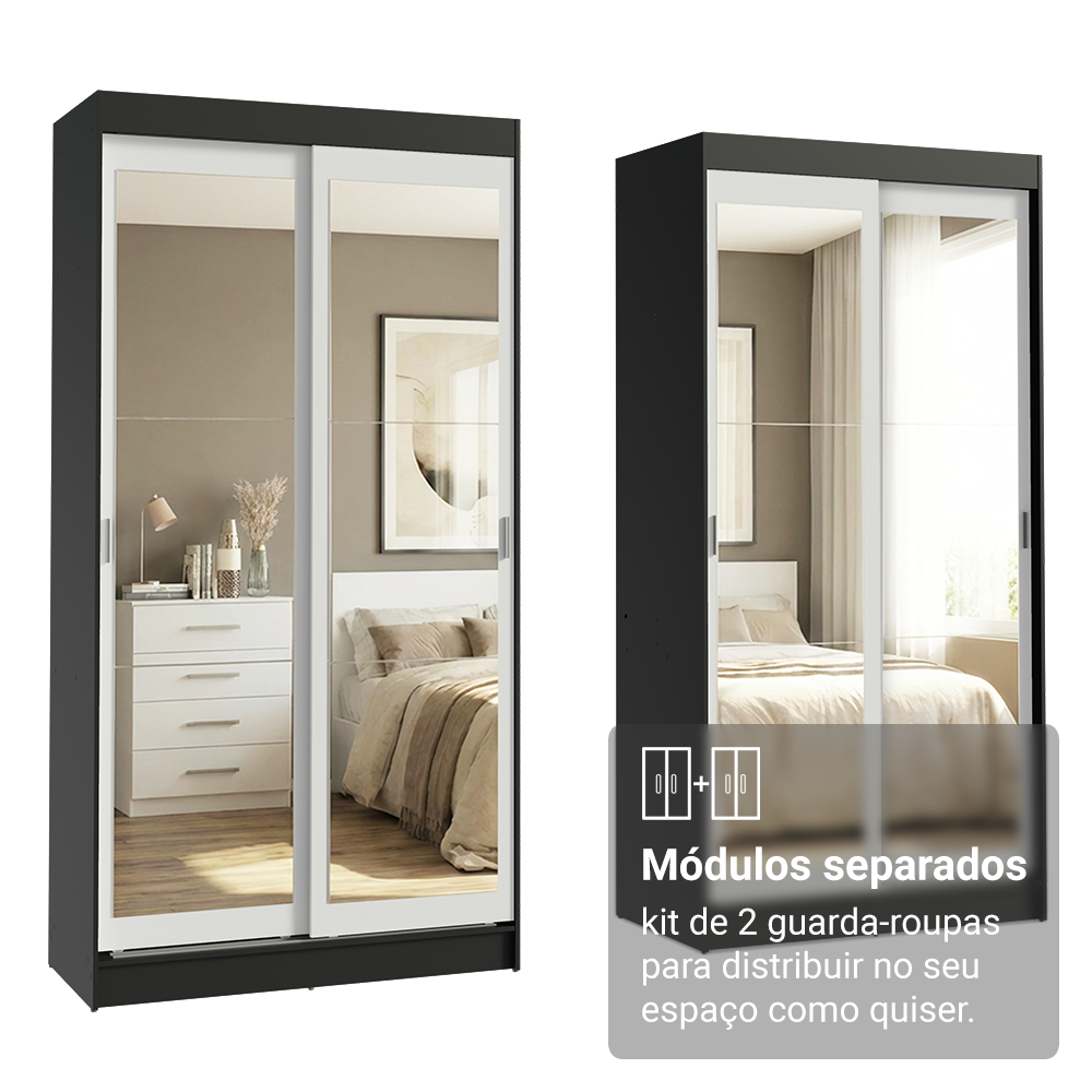 Conjunto 2 Guarda-Roupas 4 Portas de Correr com 4 Espelhos Preto/Branco Tokio Madesa