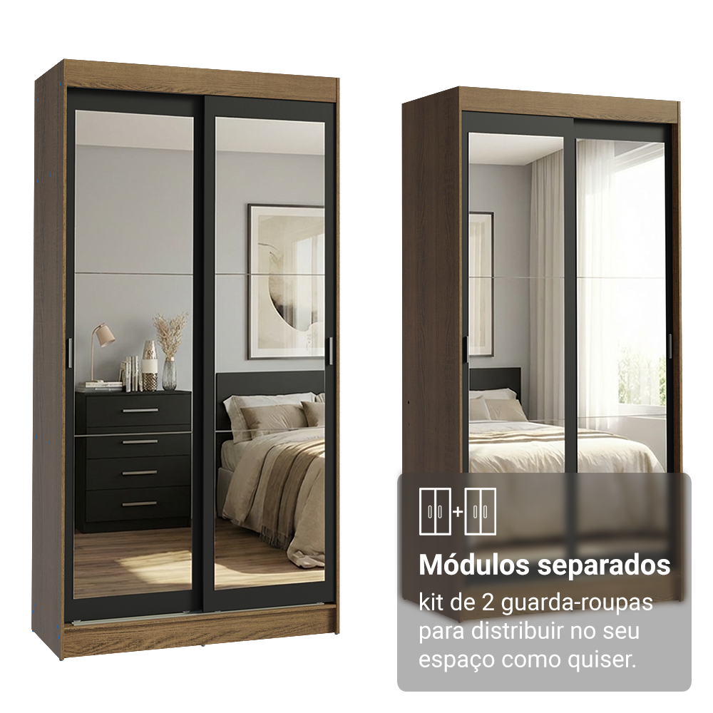 Conjunto 2 Guarda-Roupas 4 Portas de Correr com 4 Espelhos Rustic/Preto Tokio Madesa