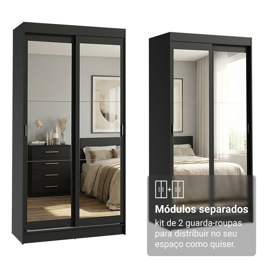 Conjunto 2 Guarda-Roupas 4 Portas de Correr com 4 Espelhos Preto Tokio Madesa