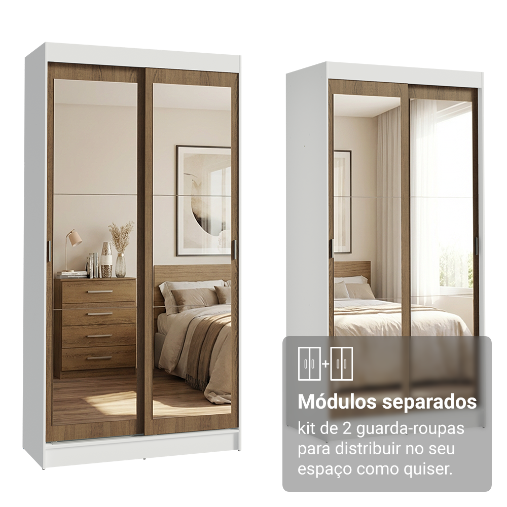 Conjunto 2 Guarda-Roupas 4 Portas de Correr com 4 Espelhos Branco/Rustic Tokio Madesa
