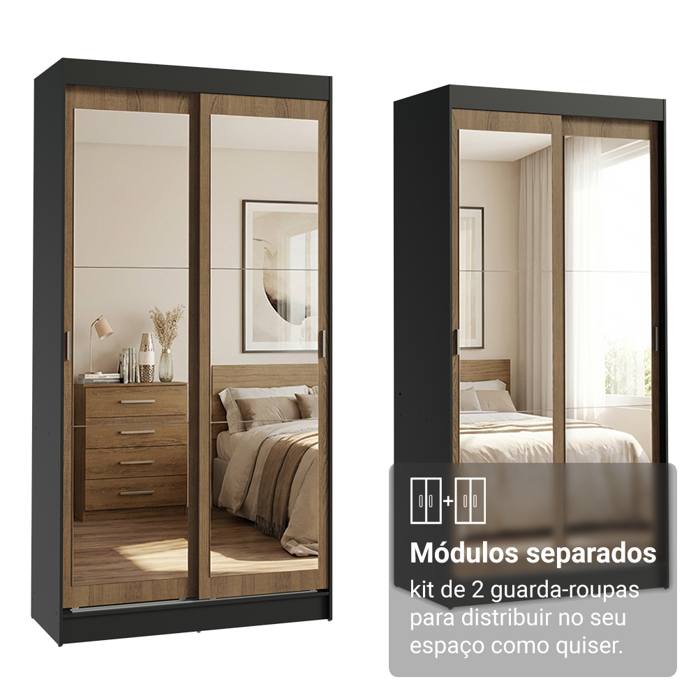 Conjunto 2 Guarda-Roupas 4 Portas de Correr com 4 Espelhos Preto/Rustic Tokio Madesa