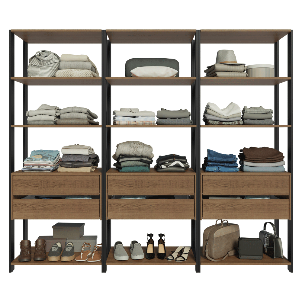 Guarda-Roupa Closet Modulado 6 Gavetas 12 Prateleiras 210cm Rustic/Preto Valencia Madesa