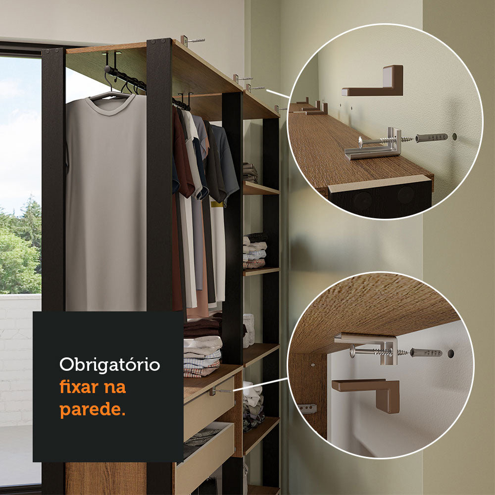 Guarda-Roupa Closet Modulado 4 Gavetas 258 cm Rustic/Preto Valencia Madesa 03