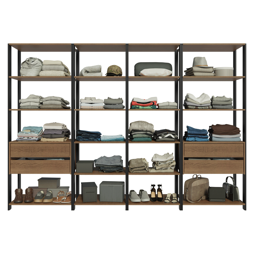 Guarda-Roupa Closet Modulado 4 Gavetas 18 Prateleiras 258cm Rustic/Preto Valencia Madesa