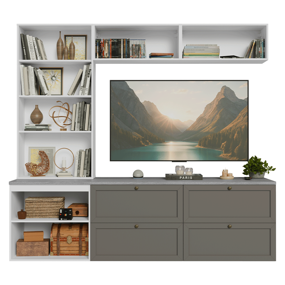 Estante Sala de Estar com Rack + Cristaleira 230cm Branco/Cinza Vik Madesa 01