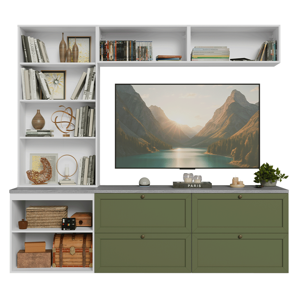 Estante Sala de Estar com Rack + Cristaleira 230cm Branco/Verde Vik Madesa 01