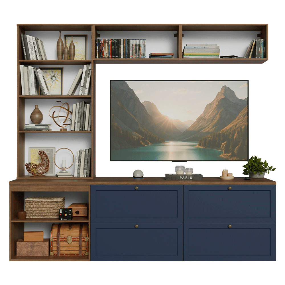 Estante Sala de Estar com Rack + Cristaleira 230cm Rustic/Azul Vik Madesa 01