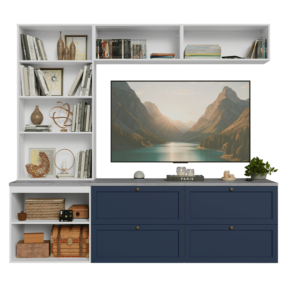 Estante Sala de Estar com Rack + Cristaleira 230cm Branco/Azul/Branco Vik Madesa 01