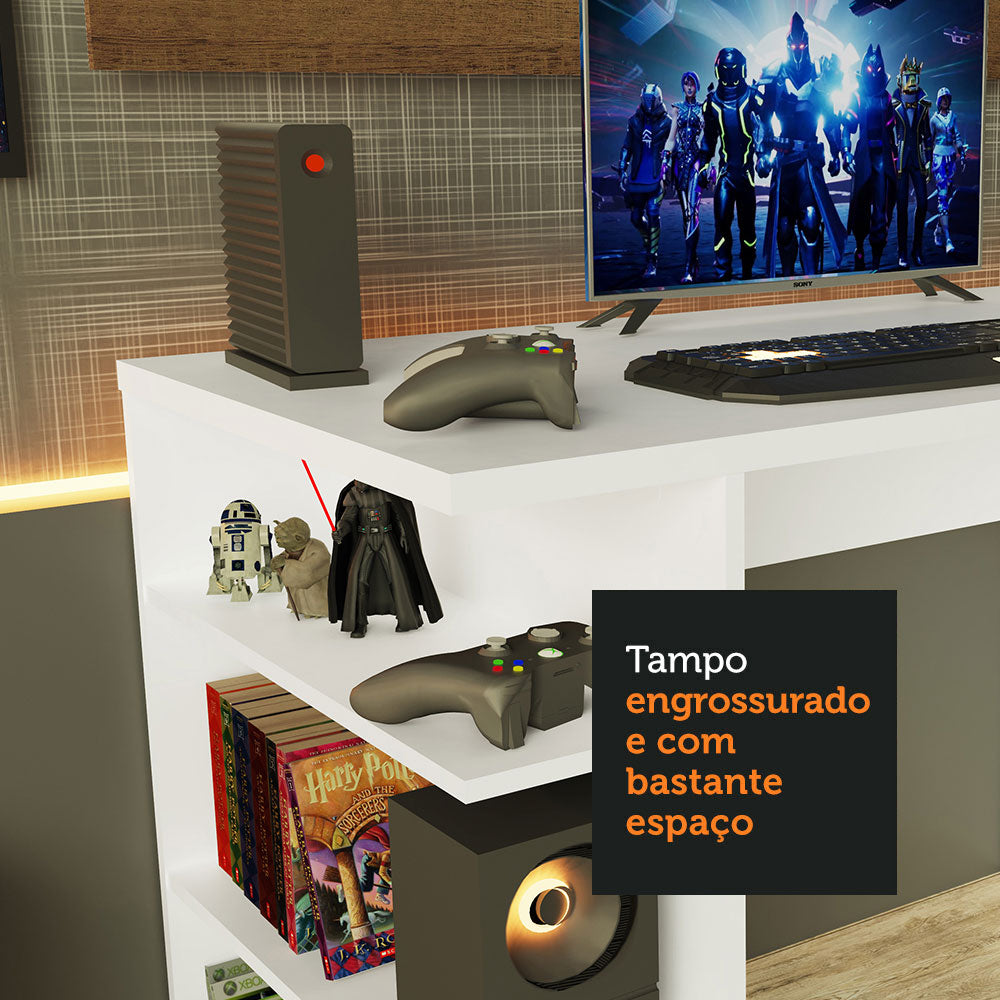 Mesa para Computador Gamer Madesa 9409 e Painel para TV até 50 Polegadas Branco/Rustic