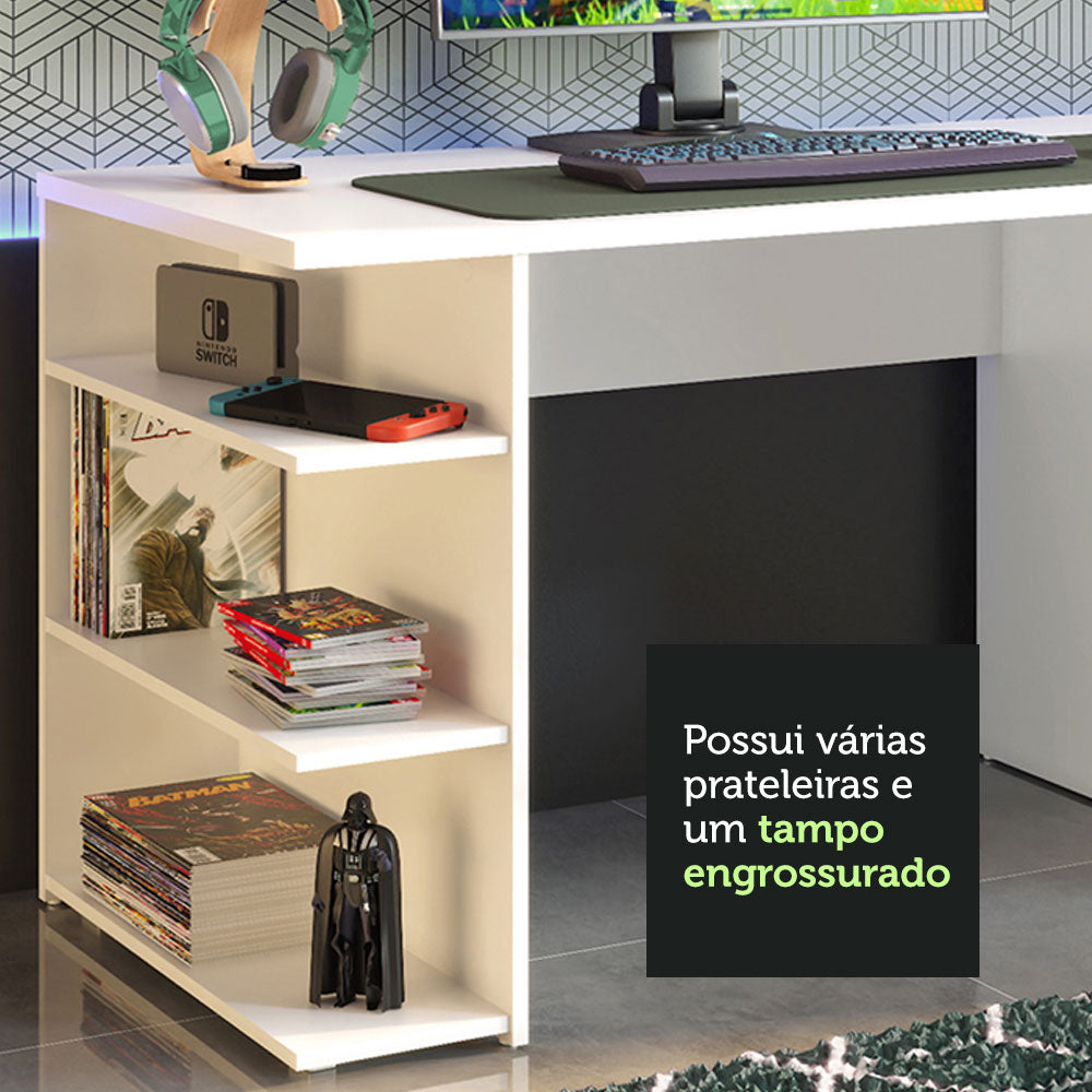 Mesa para Computador Gamer Madesa 9409 e Painel para TV até 65 Polegadas Branco/Rustic