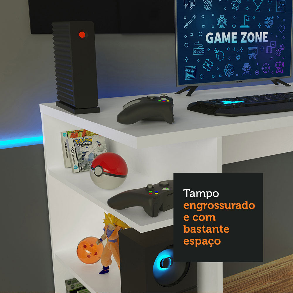 Mesa para Computador Gamer Madesa 9409 e Painel para TV até 58 Polegadas Branco/Preto