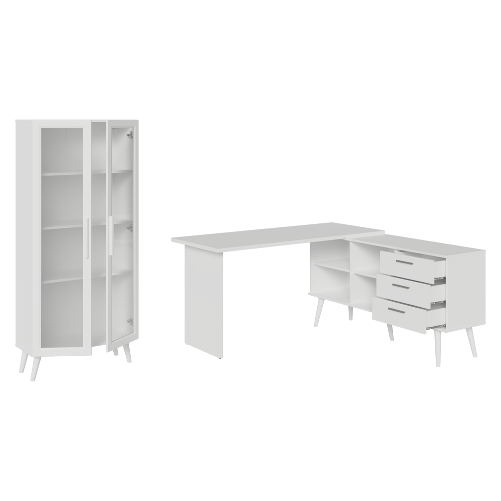Kit 2 Peças com Escrivaninha em L 3 Gavetas e Armário Multiuso com Vidro Branco Madesa