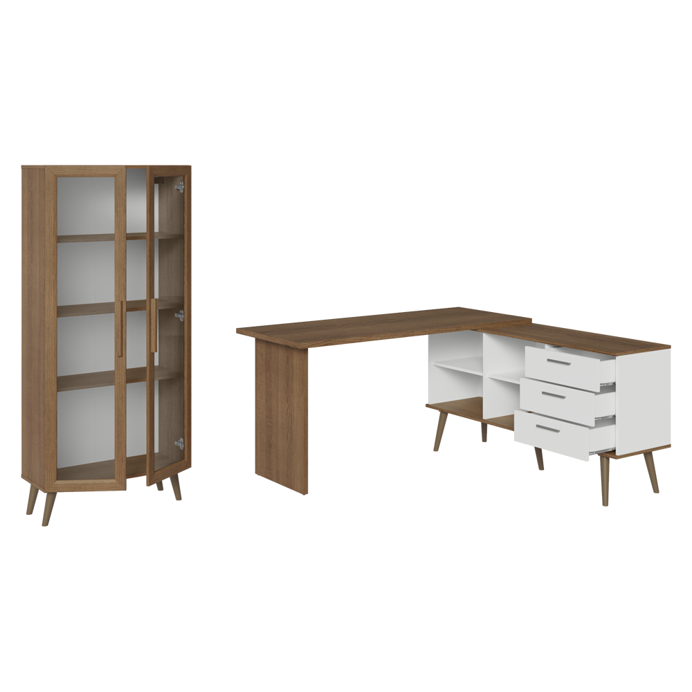 Kit 2 Peças com Escrivaninha em L 3 Gavetas e Armário Multiuso com Vidro Rustic/Branco Madesa