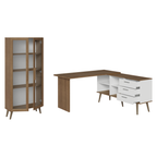 Kit 2 Peças com Escrivaninha em L 3 Gavetas e Armário Multiuso com Vidro Rustic/Branco Madesa