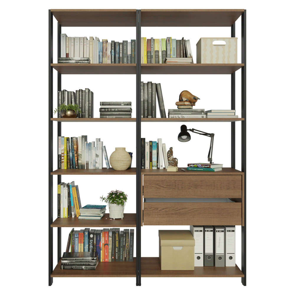 Estante Armário Multiuso para Escritório 129cm 9 Prateleiras 2 Gavetas Rustic/Preto Madesa