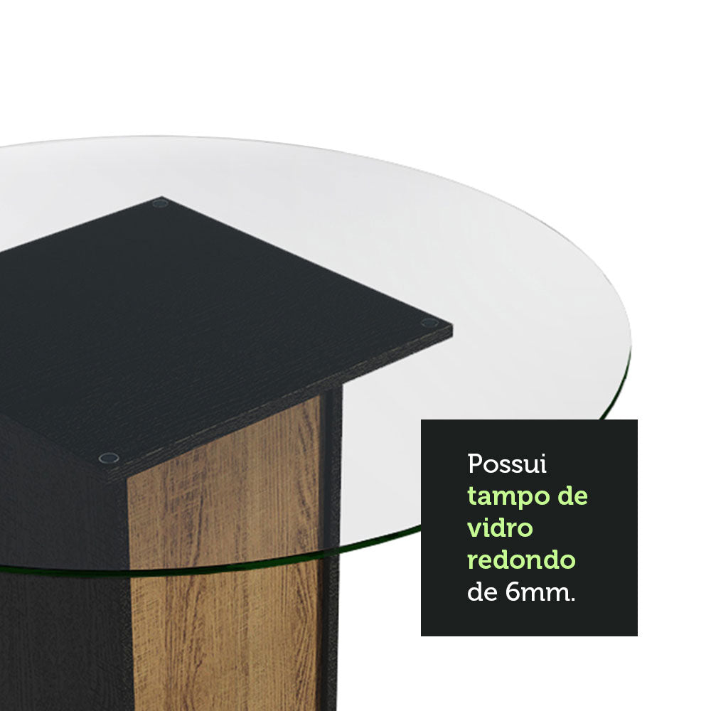 Conjunto Sala de Jantar Madesa Débora Mesa Tampo de Vidro Redondo 4 Cadeiras Preto/Rustic