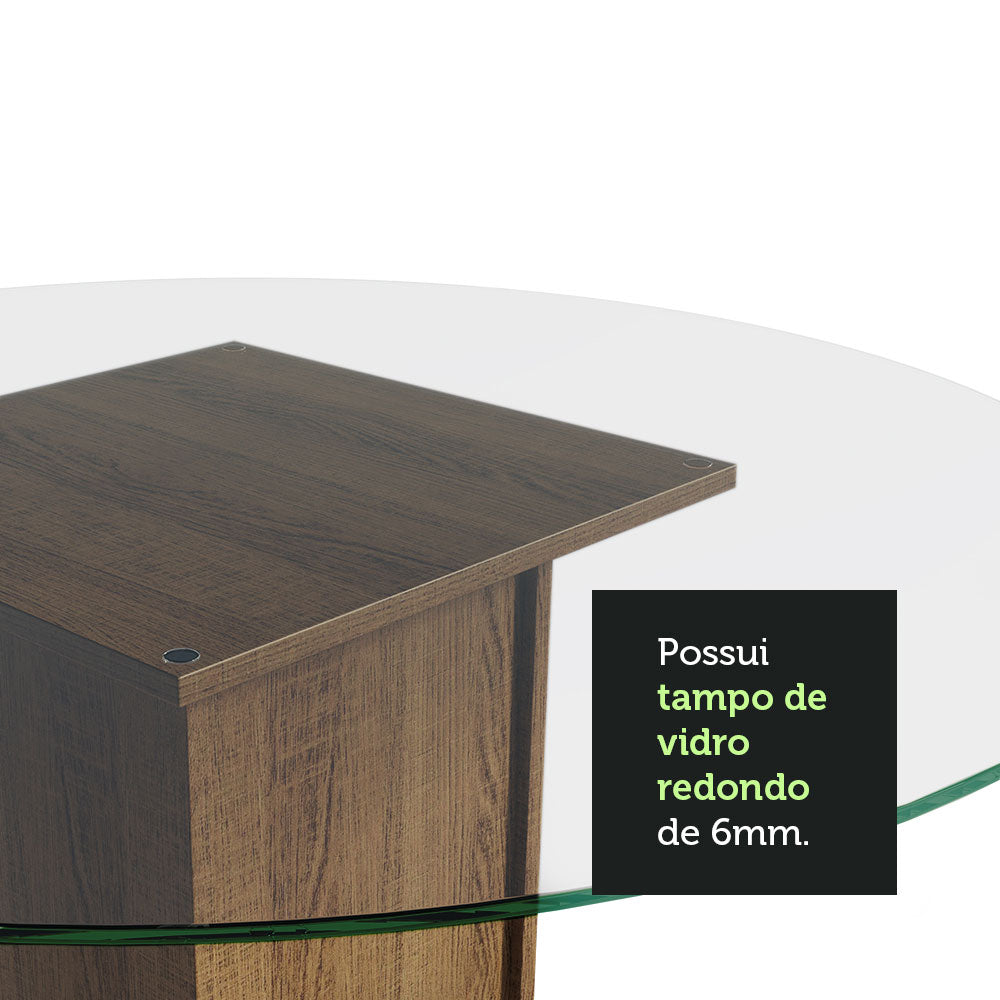 Conjunto Sala de Jantar Madesa Madu Mesa Tampo de Vidro Redondo 4 Cadeiras Rustic/Preto/Preto