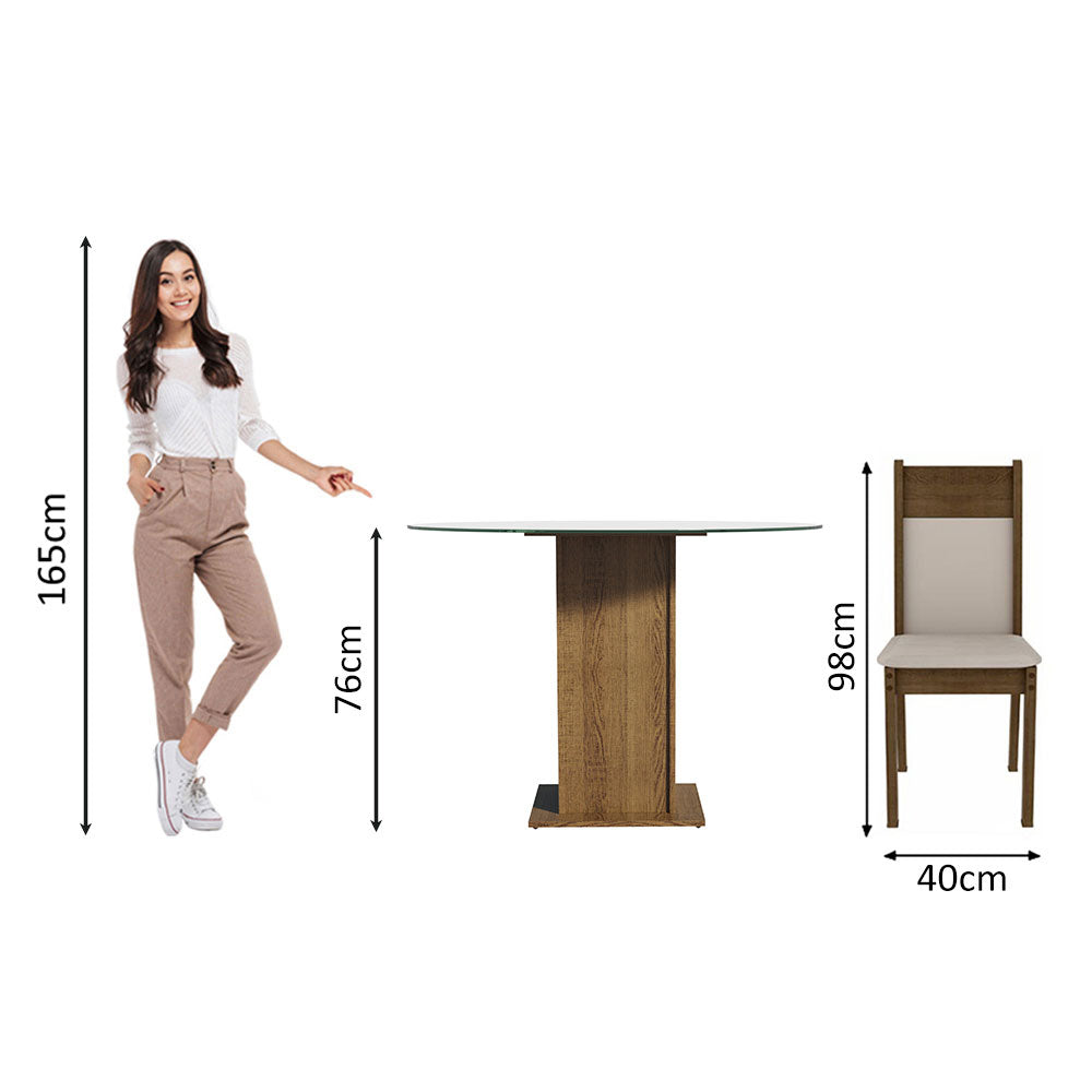 Conjunto Sala de Jantar Madesa Ana Mesa Tampo de Vidro Redondo 4 Cadeiras Rustic/Crema/Bege