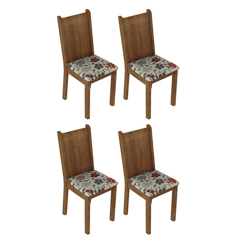Conjunto Sala de Jantar Mesa Tampo de Vidro 4 Cadeiras Rustic/Hibiscos Camélia Madesa