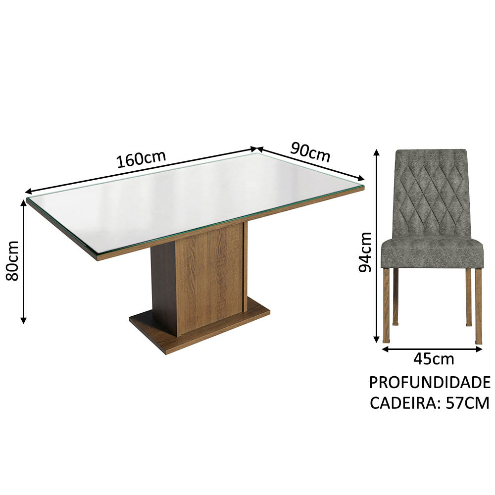 Conjunto Sala de Jantar Mesa Tampo de Vidro 6 Cadeiras Rustic/Branco/Silver Geórgia Madesa