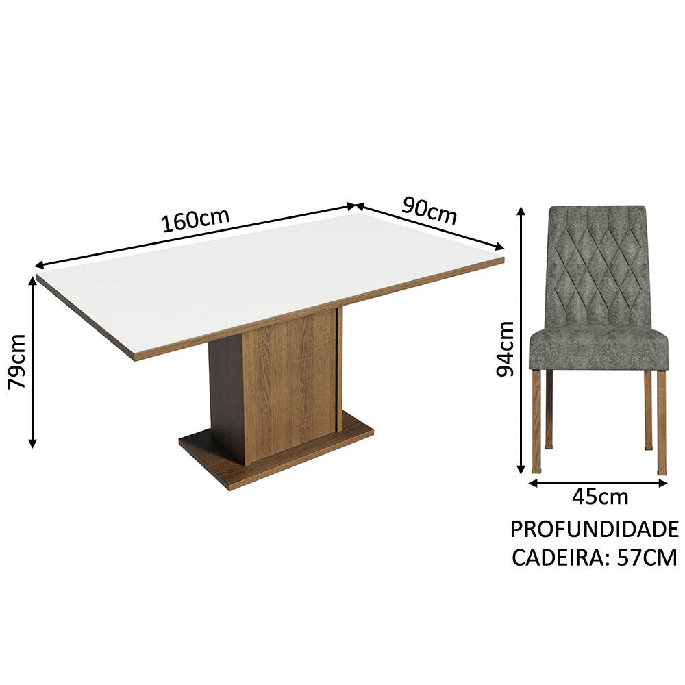 Conjunto Sala de Jantar Mesa Tampo de Madeira 6 Cadeiras Rustic/Branco/Silver Hanna Madesa