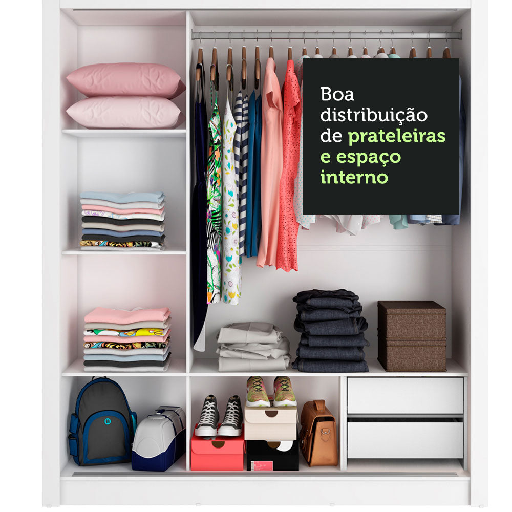 Guarda-Roupa Casal Madesa Lyon 3 Portas de Correr com Espelho 2 Gavetas Branco