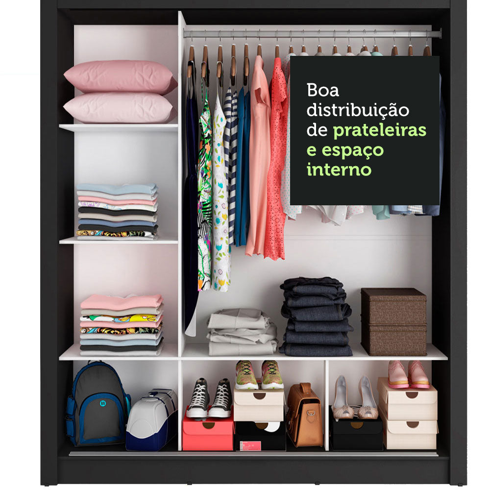 Guarda-Roupa Casal Madesa Mônaco 3 Portas de Correr com Espelho Preto/Branco