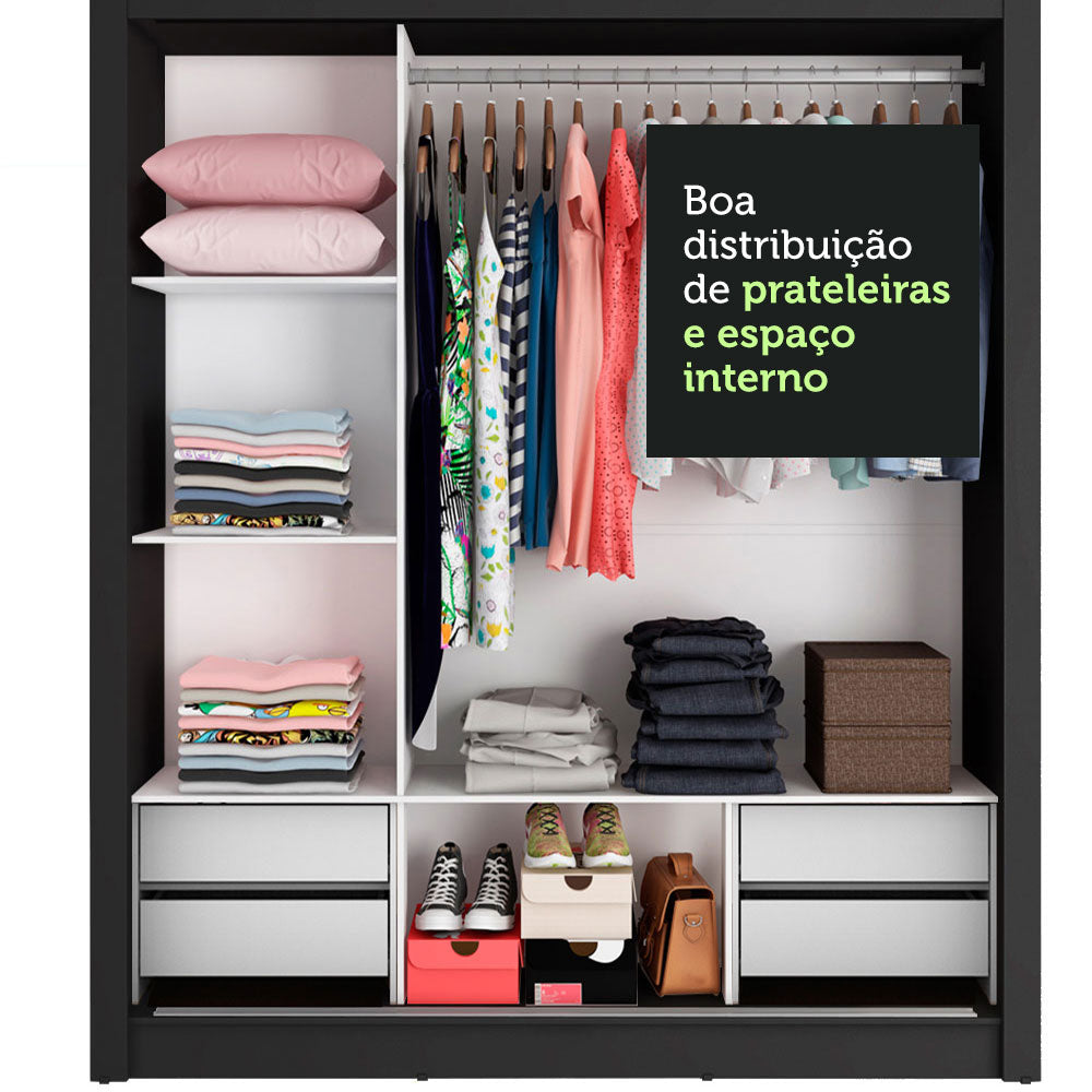 Guarda-Roupa Casal Madesa Lyon Plus 3 Portas de Correr de Espelho 4 Gavetas Preto
