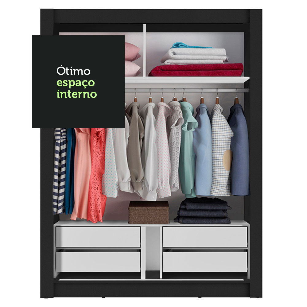 Guarda-Roupa Solteiro Madesa Dallas Plus 2 Portas de Correr 4 Gavetas Preto/Branco