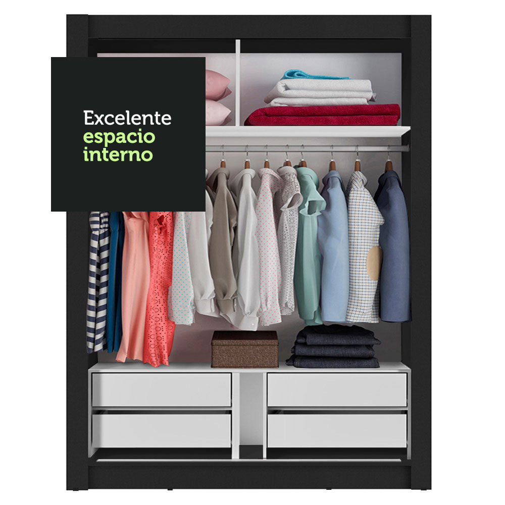 Guarda-Roupa Solteiro Madesa Dallas Plus 2 Portas de Correr com Espelho 4 Gavetas Preto