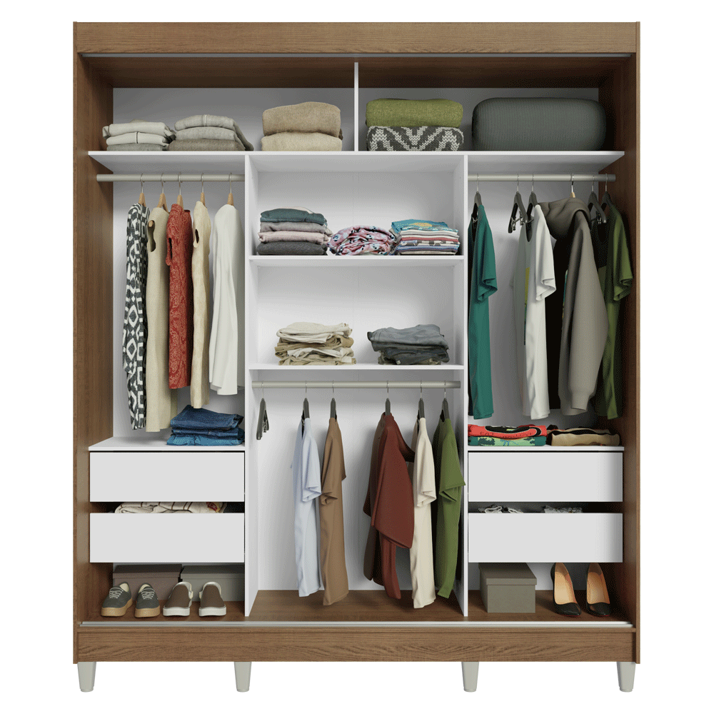 Guarda-Roupa Casal com Pés 3 Portas de Correr de Espelho Rustic/Preto Reno Madesa