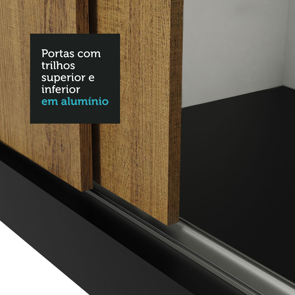 Guarda-Roupa Casal Madesa Reno 3 Portas de Correr com Espelhos Preto/Rustic