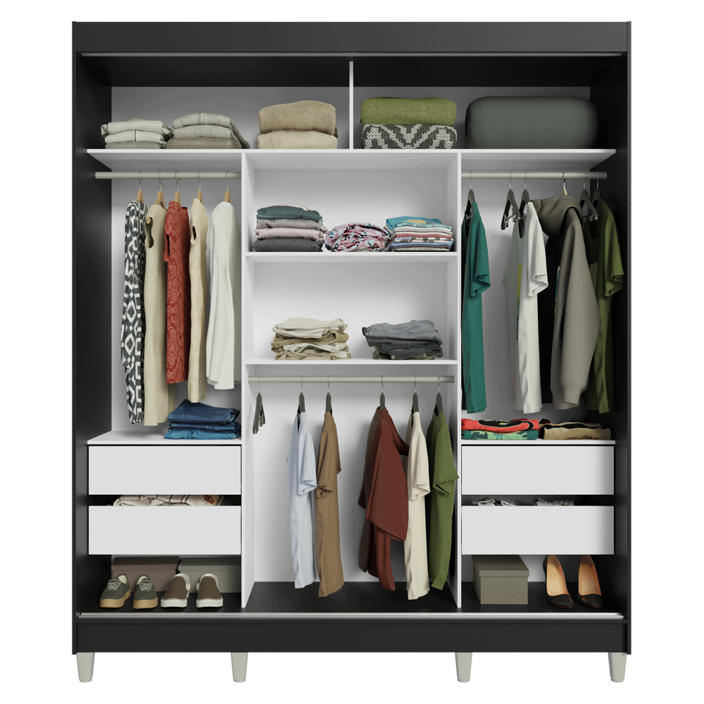 Guarda-Roupa Casal com Pés 3 Portas de Correr de Espelho Preto/Cinza Reno Madesa