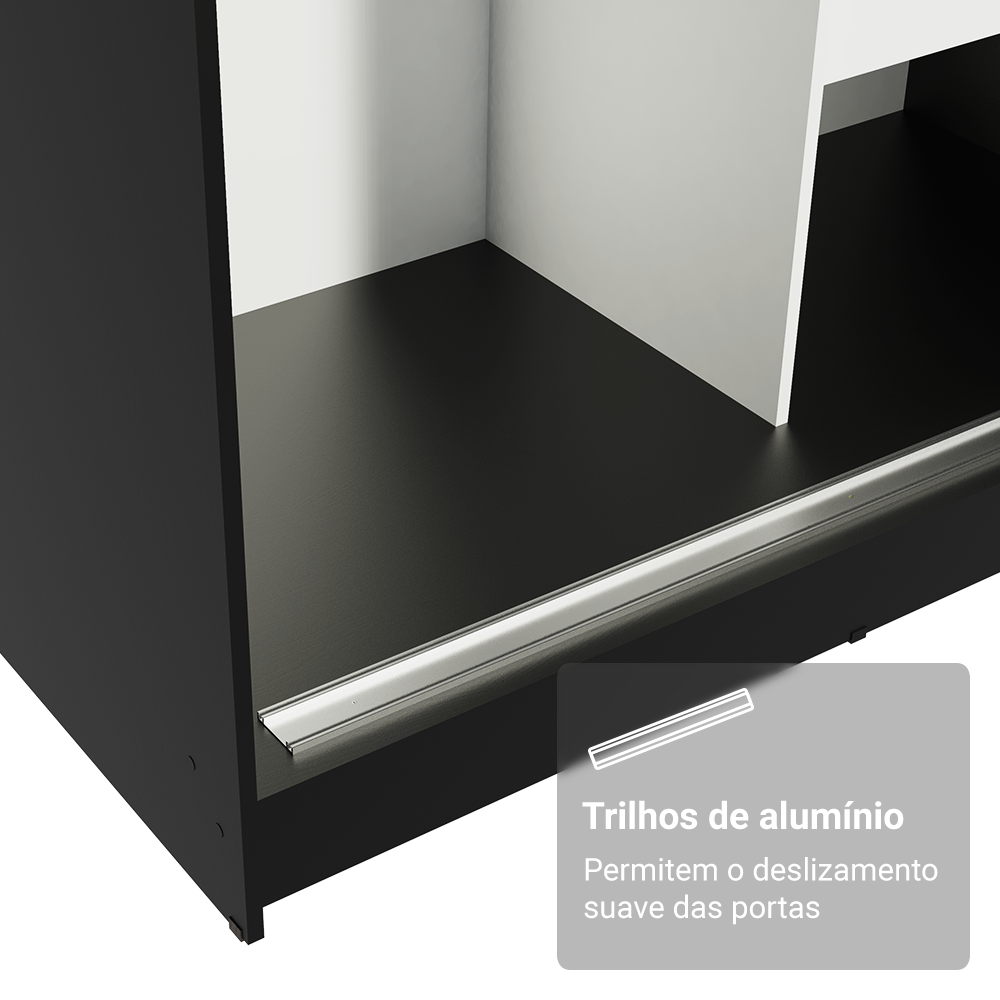 Guarda-Roupa Solteiro Madesa Tokio 2 Portas de Correr de Espelho 2 Gavetas Preto/Branco